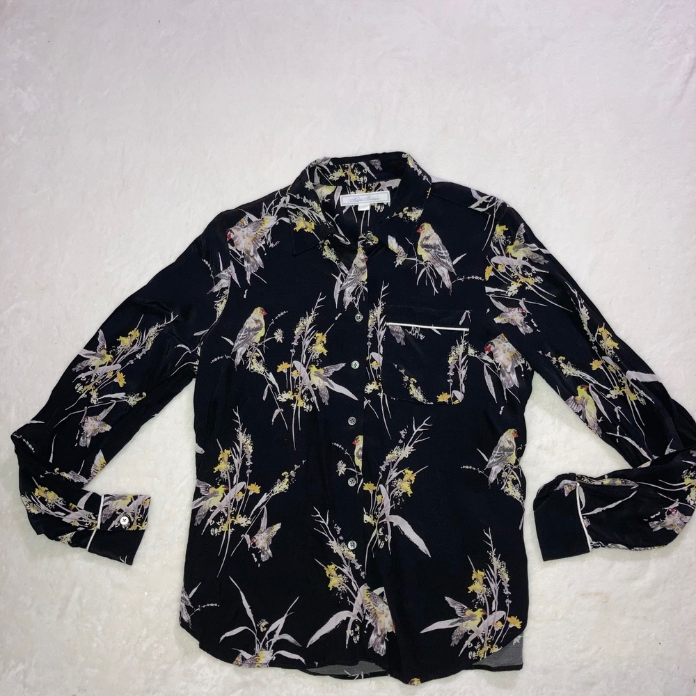 Brooks Brothers Bird Print Button Down Blouse‎ Black XS Botanical Whimsigoth